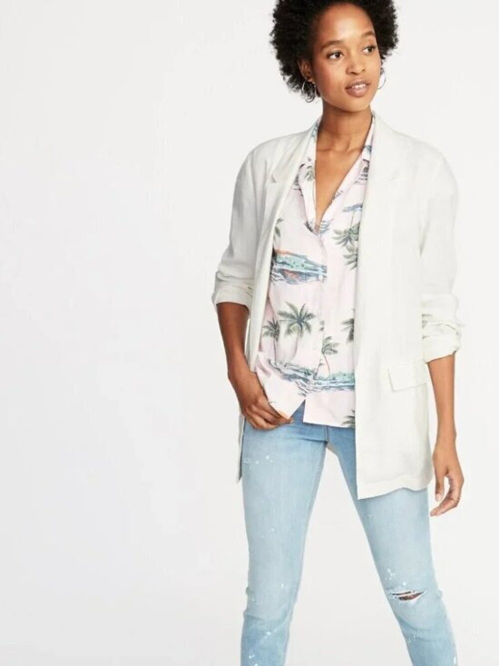 Old Navy Linen Blend Open Front Lightweight Blazer in Sea Salt White Size XL NWT